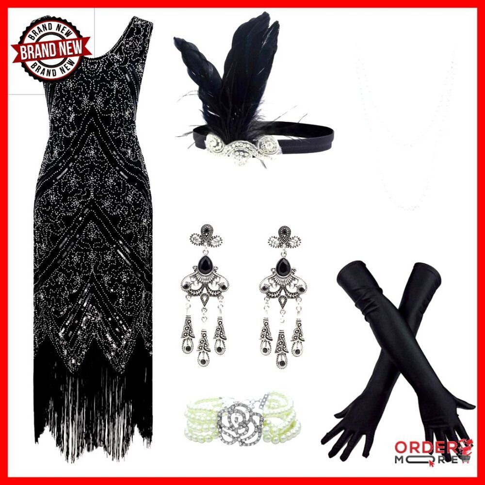 1920s Flapper Sequin Beaded Cocktail Dress Set with Accessories